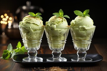 White balls of ice cream in a glass vase. Three servings of pistachio ice cream with a mint leaf. A portion of ice cream in crystal glasses on wooden table. The restaurant serves ice cream.