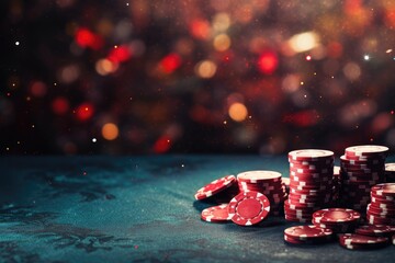 Casino chips poker, playing cards and red dice on sparkling dark grunge background Natural colors, minimalist, bright background, photography, real photo look