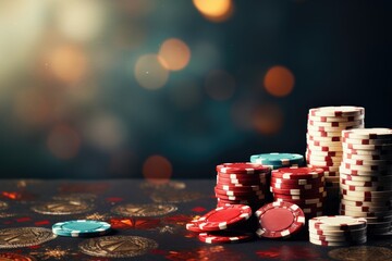 Casino chips poker, playing cards on dark grunge background Natural colors, minimalist, bright background, photography, real photo look