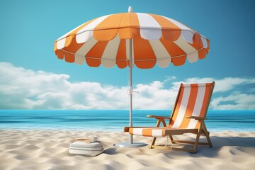 Beach umbrella with sunbed. A colorful beach chair under a large striped umbrella on beach. Summer vacation at sea. White sand and sea.