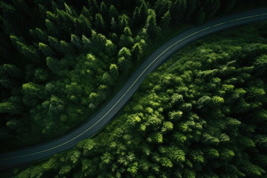 Winding road top view. A flat track between dense green trees. Asphalted road in forest. Drone photo.