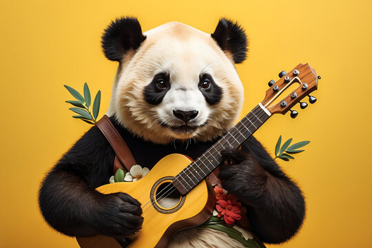 panda playing guitar while carrying bamboo leaves on an orange background