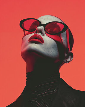 Bold fashion portrait with striking red accents. Generative AI image
