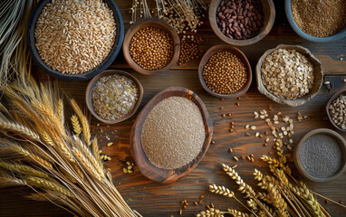 Cereals and grains artfully arranged on a natural wooden surface