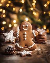 Close up image of a gingerbread man on a wooden table - 708148497