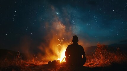 silhouette of a person facing away, surrounded by the warm glow of a campfire under a starry night sky generative ai