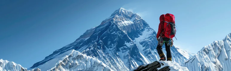 Crédence de cuisine en verre imprimé Himalaya In the heart of the Himalayas, beneath the shadow of Everest's towering peak, a lone climber gazed upward.