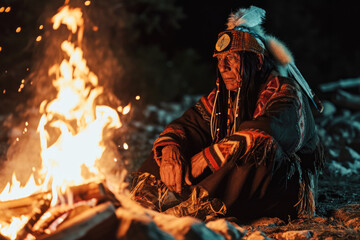 a 45 - year - old Native American man participating in a historical reenactment. Dressed in authentic attire, he sits by a campfire, surrounded by period - specific props.