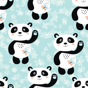 Seamless pattern with cute panda baby on color floral background. Funny asian animals. Card, postcards for kids. Flat vector illustration for fabric, textile, wallpaper, gift wrapping paper
