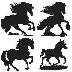 Black and white vector flat illustration: horse silhouette set ready to print