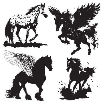Black and white vector flat illustration: horse silhouette set ready to print