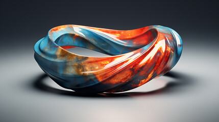 Marbled Infinity Möbius Strip in Swirling Hues of Cerulean and Crimson Abstract Conceptual Art Sculpture Design
