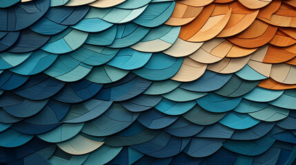 Oceanic Hues in Wooden Scales Abstract Textured Pattern Gradient of Cool to Warm Tones Artistic Wall Design