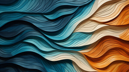 Wooden Waves Abstract Carving Fluid Curves in Blue to Warm Earth Tones Dynamic Textured Surface Design