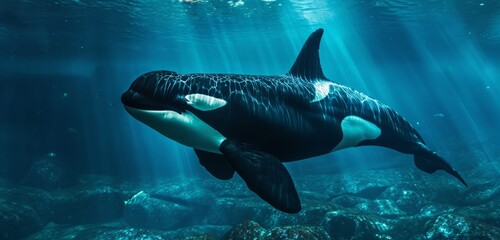 Fototapeta premium Killer Orca whale gliding through sunlit deep blue sea.