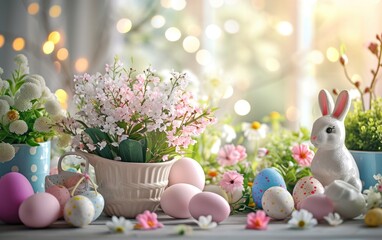 Naklejka na ściany i meble Beautifully arranged Easter table adorned with vibrant spring flowers, pastel-colored eggs, and delicate decorations