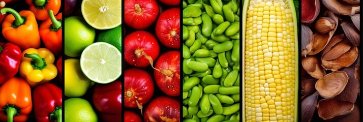 Stripes of various fresh vegetables in a bright and colorful composition. Concept: Healthy food for a diet menu. Vitamins and microelements. Banner