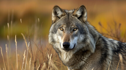 Grey wolf ( Canis lupus ) close up. Generative Ai
