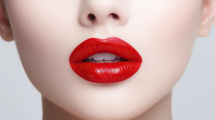 Close up of beautiful female lips with red lipstick on white background. Close-up of female lips with red lipstick . Women's red lips close-up with smooth skin. Beautiful Asian woman with color lips.