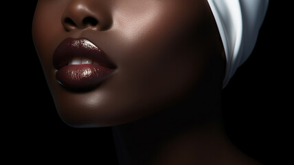 Beautiful black woman with lush lips and white hat. Closeup portrait of a beautiful African American woman with dark make up on black background. Layout for the beauty industry.