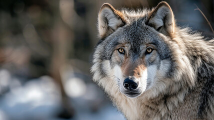 Naklejka na ściany i meble Grey wolf ( Canis lupus ) close up. Generative Ai