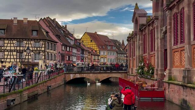 Christmas and New Year in historical center district Petite Venice, Colmar, Alsace, France December 25, 2023. High quality 4k footage