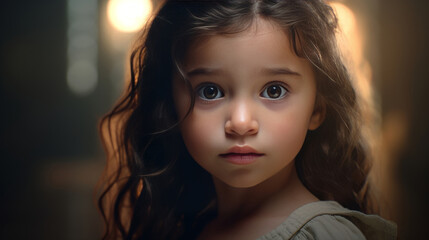 Portrait of a little girl with long curly hair in a light room. A baby girl with brown eyes looks at the camera close-up. Closeup of a surprised girl with large brown eyes. Children's emotions.