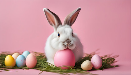 Easter bunny with pink painted eggs on pink background. Easter holiday concept.