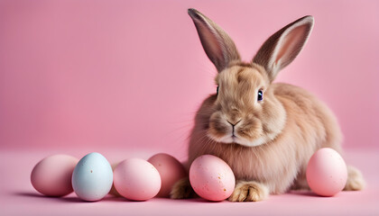 Fototapeta na wymiar Easter bunny with pink painted eggs on pink background. Easter holiday concept.