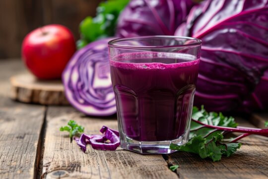 Freshly prepared red cabbage juice in a clear glass, with a whole cabbage and slices on a rustic wooden table