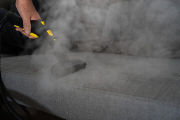 steam generator cleaning sofa with steam - obrazy, fototapety, plakaty