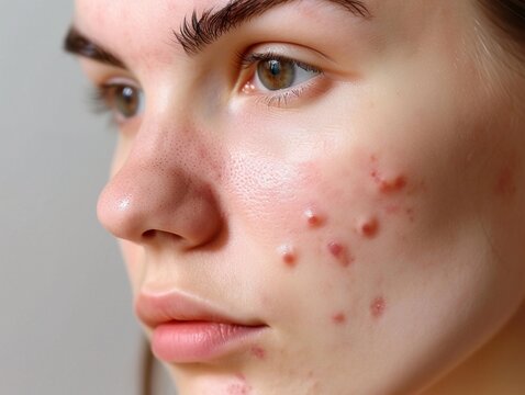 Teen girl with acne problem squeezing pimple indoors