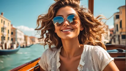Tuinposter A girl in sunglasses and a sundress rides a gondola in Venice © tanya78