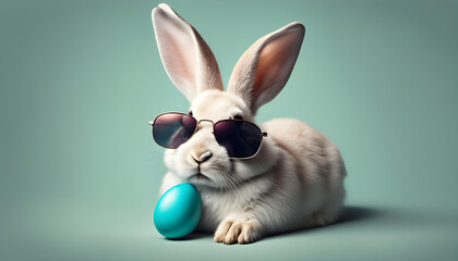 Obraz premium Easter bunny with blue painted eggs on blue background. Easter holiday concept.