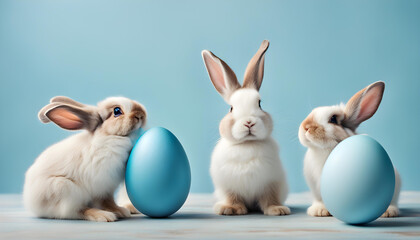Easter bunny with blue painted eggs on blue background. Easter holiday concept.