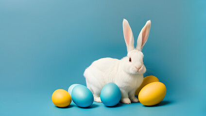 Fototapeta na wymiar Easter bunny with blue painted eggs on blue background. Easter holiday concept.