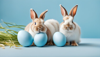Obraz premium Easter bunny with blue painted eggs on blue background. Easter holiday concept.