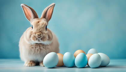 Easter bunny with blue painted eggs on blue background. Easter holiday concept.