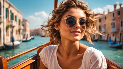 Foto op Aluminium A girl in sunglasses and a sundress rides a gondola in Venice © tanya78