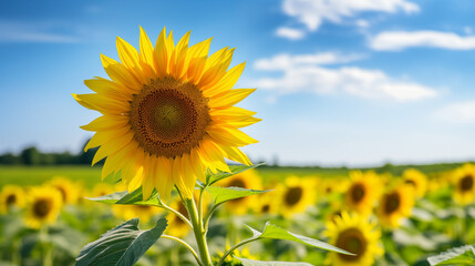 Sunflower field in summer sky blurred background