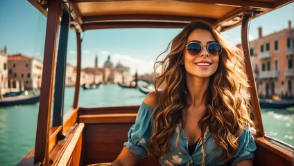 Tuinposter A girl in sunglasses and a sundress rides a gondola in Venice visiting © tanya78
