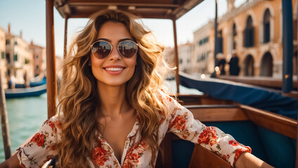 A girl in sunglasses and a sundress rides a gondola in Venice confident - obrazy, fototapety, plakaty