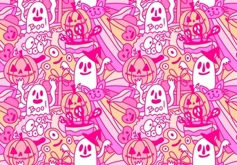 Halloween cartoon doodle seamless pumpkins and ghost pattern for wrapping paper and fabrics and linens