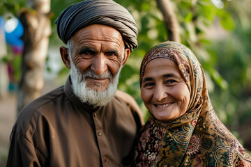 A portrait of a happy elderly Muslim couple, demonstrating long-lasting love and mutual understanding, the concept of a long and happy family life, family values and traditions,