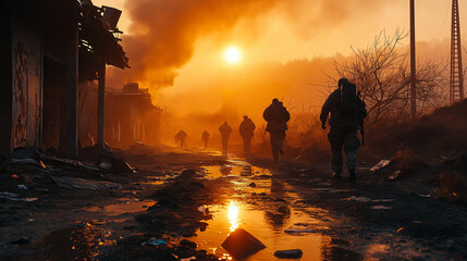 Soldiers marching in a line down a war-torn street during urban warfare