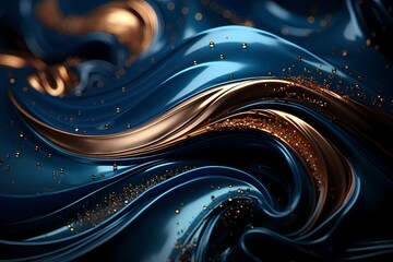Liquid rose gold swirling gracefully with midnight indigo in a cosmic fusion