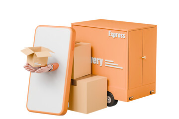 3D Transportation shipment delivery by truck with handholding smartphone with parcel box. E-commerce concept. Minimal Cartoon icon design isolated on orange background. 3D Rendering