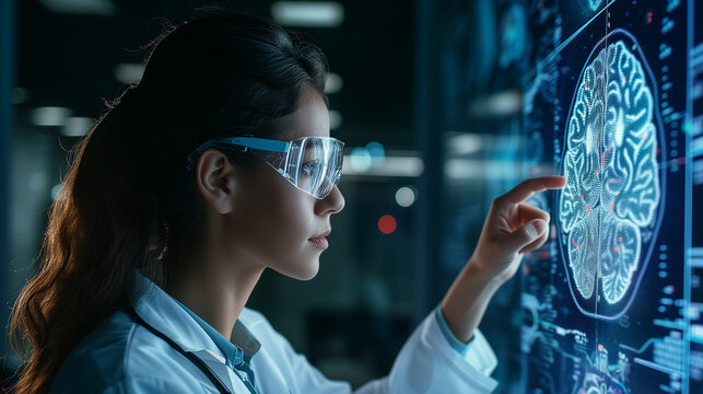 A young female doctor engrossed in studying futuristic human brain scan - Powered by Adobe