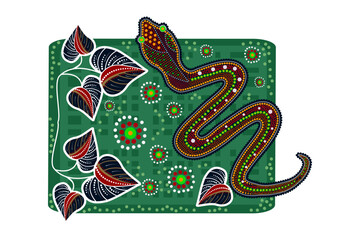 Snake in australian aboriginal style. Serpent and leaves in Australia indigenous aboriginal dots painting art style. Decorative ethnic viper. Aboriginal tribal art craft. Stock vector illustration