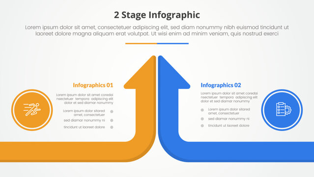 2 points stage template for comparison opposite infographic concept for slide presentation with long arrow bar top direction with flat style